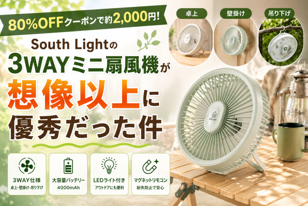 【80%OFFクーポンで約2,000円】South Lightの3WAYミニ扇風機が想像以上に優秀だった件【卓上・壁掛け・吊り下げ】